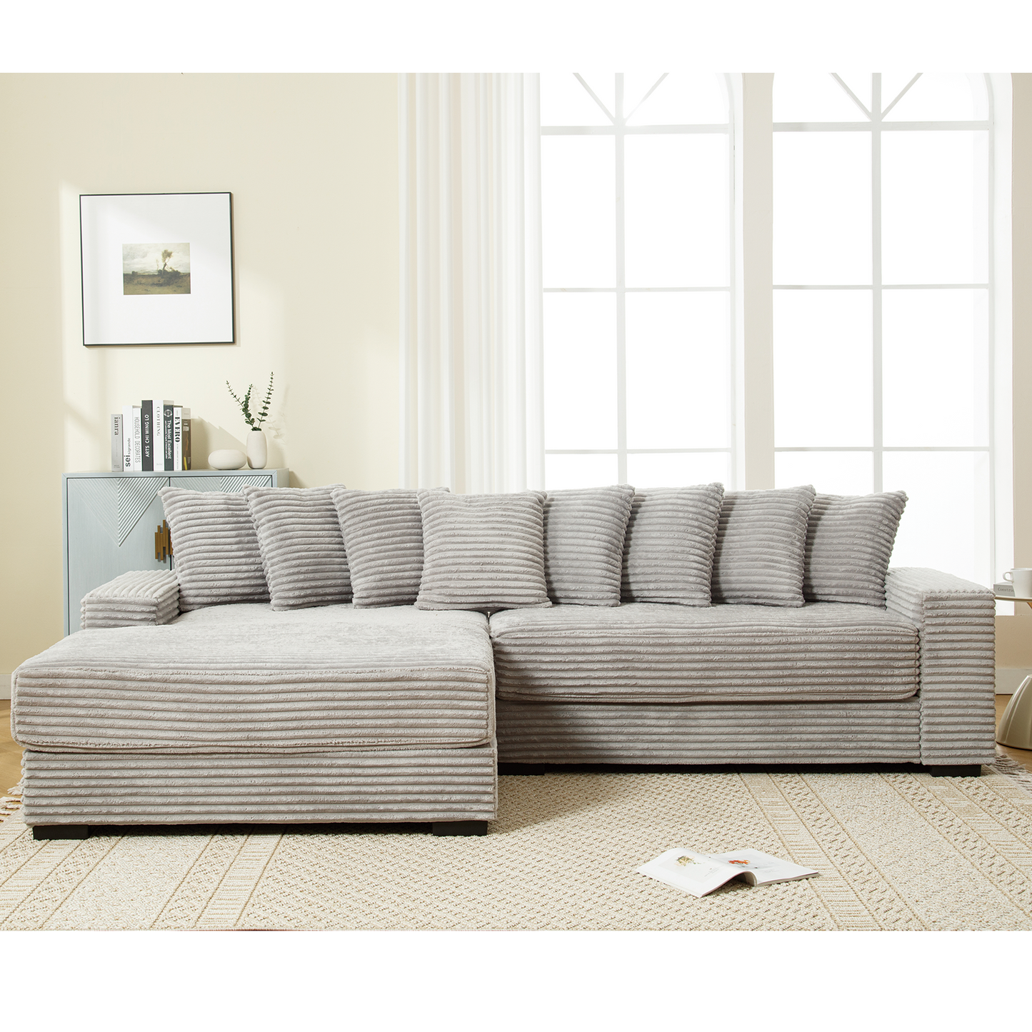 Oversized Two-Piece  Couches,  L Shaped Sofa, Corduroy, Left Chaise Daybed,with Armrests,Eight Throw Pillows,Corner Sofa,Easy To Assemble,  Gray