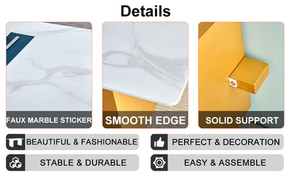 Table and chair set.Large modern rectangular table with 0.4 inch patterned glass tabletop and large MDF table legs.Comes with 6 chairs with faux leather cushioned seats and golden metal legs.