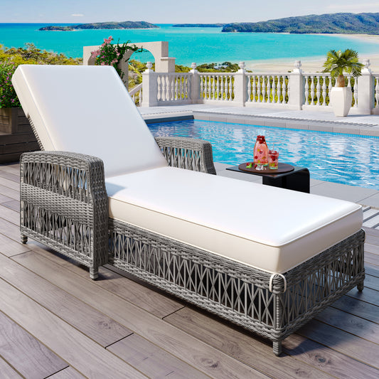 GO Outdoor Long Reclining Chaise, Wicker Lounge with Armrests, Patio Adjustable Recliner with Soft Removable Cushions, All Weather Rattan Pool Lounge for Poolside & Garden, Beige