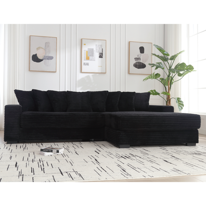 Oversized Two-Piece  Couches,  L Shaped Sofa, Corduroy, Right Chaise Daybed,with Armrests,Eight Throw Pillows,Corner Sofa,Easy To Assemble,  Black