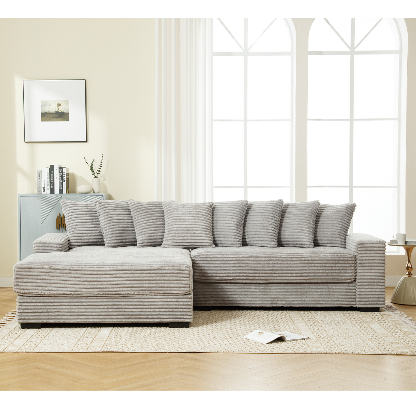 Oversized Two-Piece  Couches,  L Shaped Sofa, Corduroy, Left Chaise Daybed,with Armrests,Eight Throw Pillows,Corner Sofa,Easy To Assemble,  Gray