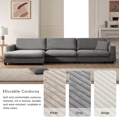 Sofá seccional extragrande de pana de 134 x 54 pulgadas, sofá nube en forma de L con puerto de carga USB, portavasos, sofá cama profundo con chaise longue de 50 pulgadas, cómodo mueble de interior para sala de estar, 3 colores