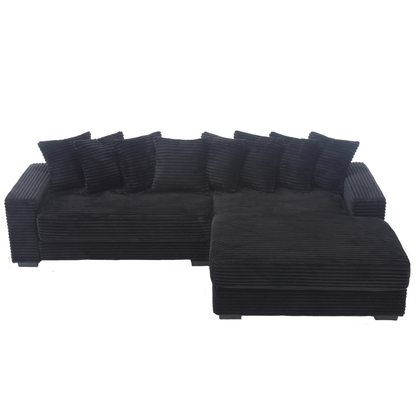 Oversized Two-Piece  Couches,  L Shaped Sofa, Corduroy, Right Chaise Daybed,with Armrests,Eight Throw Pillows,Corner Sofa,Easy To Assemble,  Black