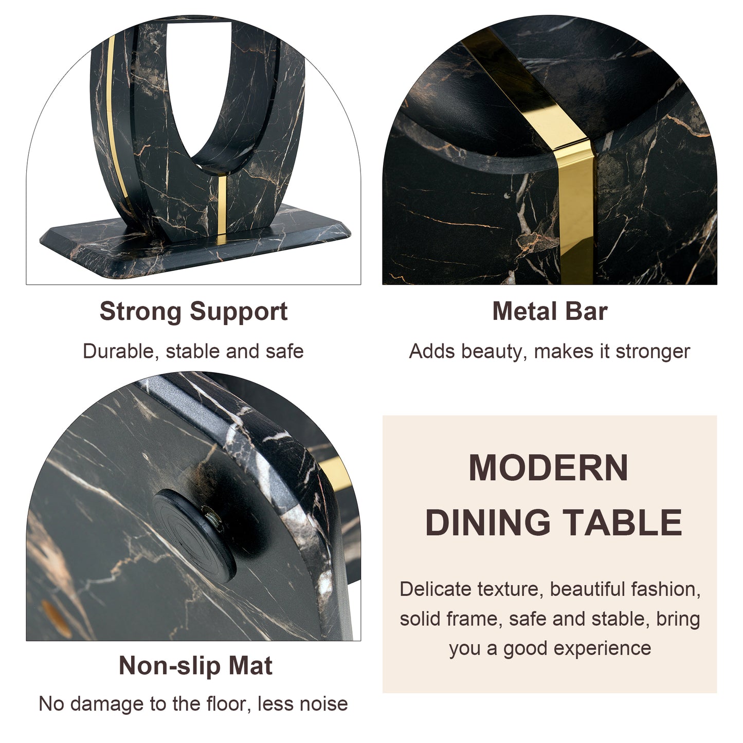 Table and chair set.Black Marble Pattern MDF Dining Table Set - 63"x37" with 6 Light Gray PU chairs with Featuring Arched Golden Metal legs.