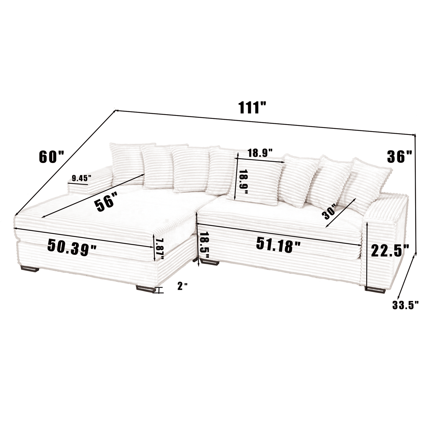 Oversized Two-Piece  Couches,  L Shaped Sofa, Corduroy, Left Chaise Daybed,with Armrests,Eight Throw Pillows,Corner Sofa,Easy To Assemble,  Gray