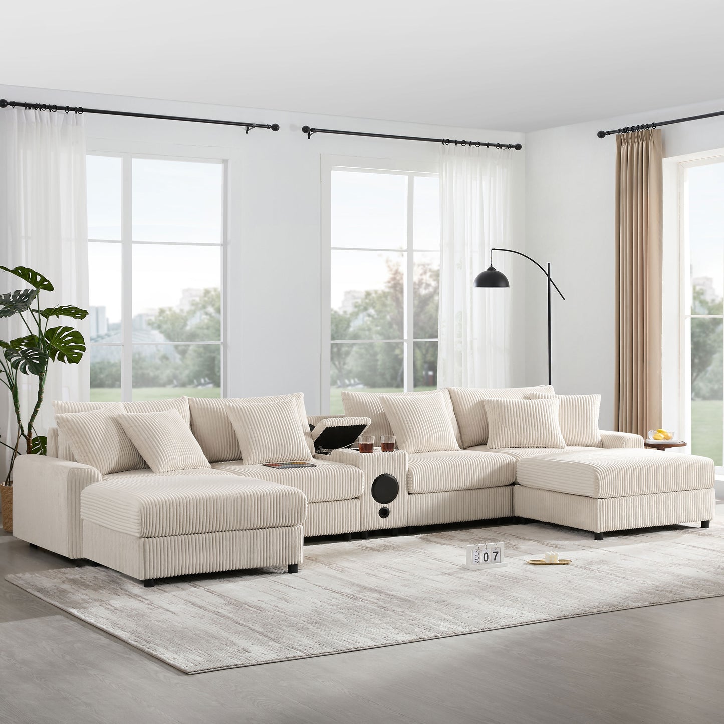 141.5" Corduroy U-Shaped Sectional Sofa with Bluetooth Speakers, Charging Console, Storage & Ottoman – Cream