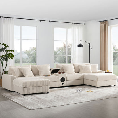 141.5" Corduroy U-Shaped Sectional Sofa with Bluetooth Speakers, Charging Console, Storage & Ottoman – Cream
