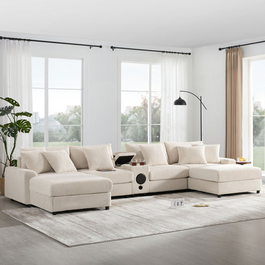 141.5" Corduroy U-Shaped Sectional Sofa with Bluetooth Speakers, Charging Console, Storage & Ottoman – Cream