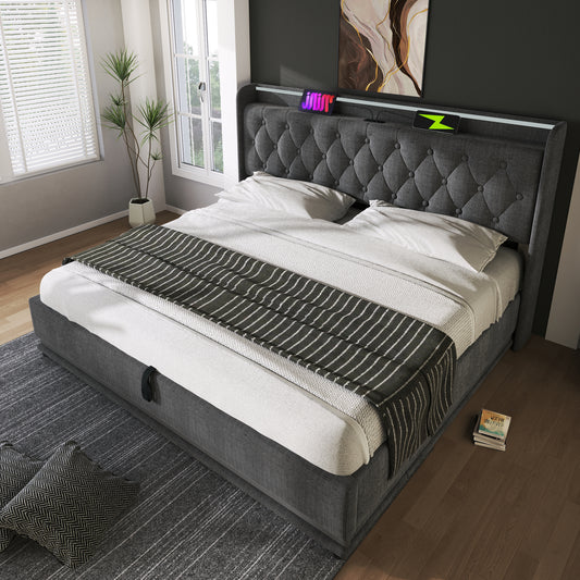 Cama tapizada tamaño king, función LED envolvente de 360°, botones/aplicaciones/control remoto, cama de almacenamiento hidráulica con carga USB tipo C, gris, lino (sin colchón)