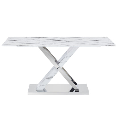 Table and chair set, modern dining table, imitation marble white top and silver legs, soft and comfortable dining chair, perfect for dinner, meetings, home and office decor