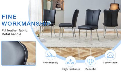 Table and chair set.Elegant Transparent Tempered Glass Dining Set - 71"x35.4" with 6 Black PU Chairs with a vertical stripe design on the backrest.