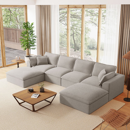142" Fully Compressed Modular U-Shaped Sectional Sofa with Ottomans – Light Gray Corduroy, Deep Seat Cloud Comfort, No Assembly Required