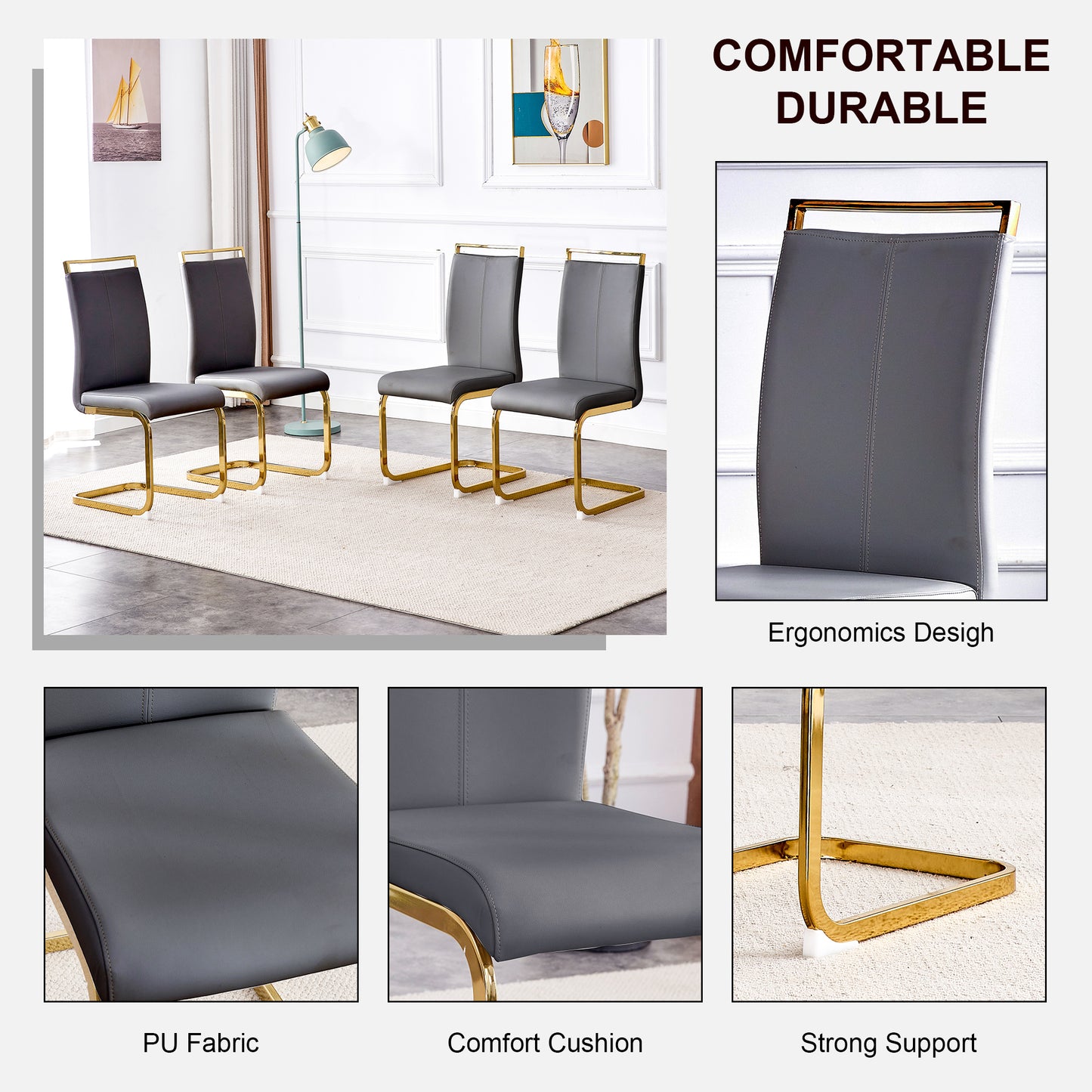 Table and chair set,Modern rectangular table with 0.4 inch black patterned tabletop and gold legs, suitable for kitchen, dining room, and living room , Comfortable PU seats,perfect for dinner, meet