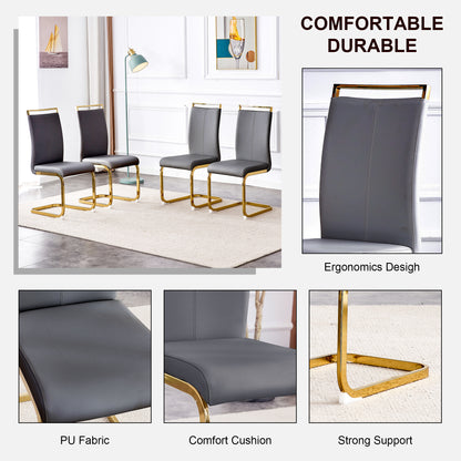 Table and chair set,Modern rectangular table with 0.4 inch black patterned tabletop and gold legs, suitable for kitchen, dining room, and living room , Comfortable PU seats,perfect for dinner, meet