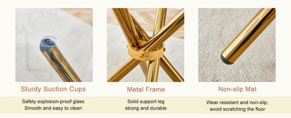 Round clear glass dining table with a unique shape for 4-6 people, with ring-shaped gathered gold metal legs, suitable for desks, kitchens, terraces, dining rooms.