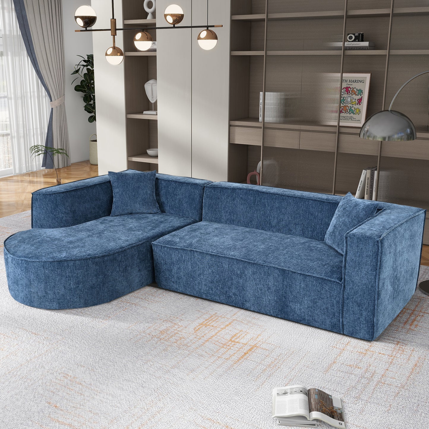 U_Style Modern Style Sectional Sofa,Sponge Sectional Sofa Couch,Modular L-Shape Sofa Couch with Elegant curved design and luxurious chenille fabric,two throw pillows,for Living Room, Study