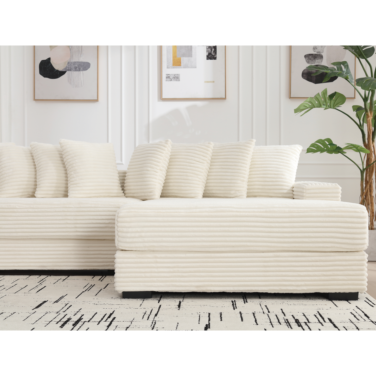 Oversized Two-Piece  Couches,  L Shaped Sofa, Corduroy, Right Chaise Daybed,with Armrests,Eight Throw Pillows,Corner Sofa,Easy To Assemble, Beige