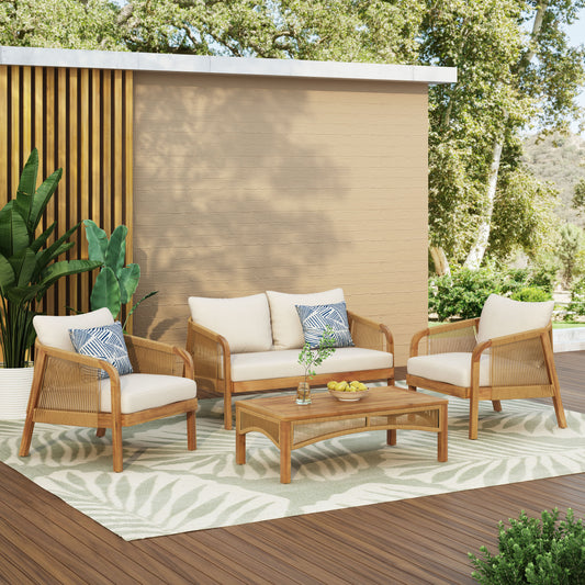 4-Pieces Acacia Wood Patio Furniture Set, Outdoor Furniture with Coffee Table, Patio Conversation Set Deep Seating with Soft Cushion, Porch Chairs for Garden, Backyard Porch Balcony, Brown & Beige