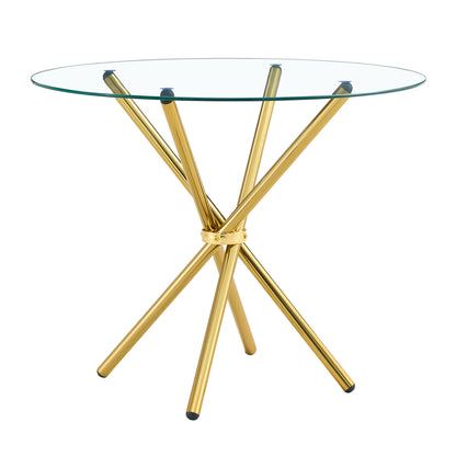 Round clear glass dining table with a unique shape for 4-6 people, with ring-shaped gathered gold metal legs, suitable for desks, kitchens, terraces, dining rooms.