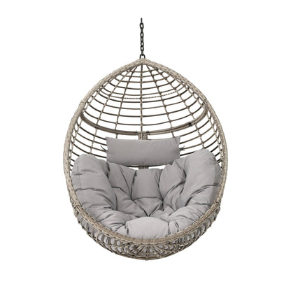 Charming Grey Hanging Basket Chair with Cozy Wicker Weave and Sturdy Metal Frame