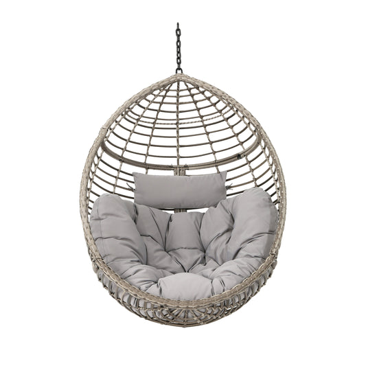 Charming Grey Hanging Basket Chair with Cozy Wicker Weave and Sturdy Metal Frame