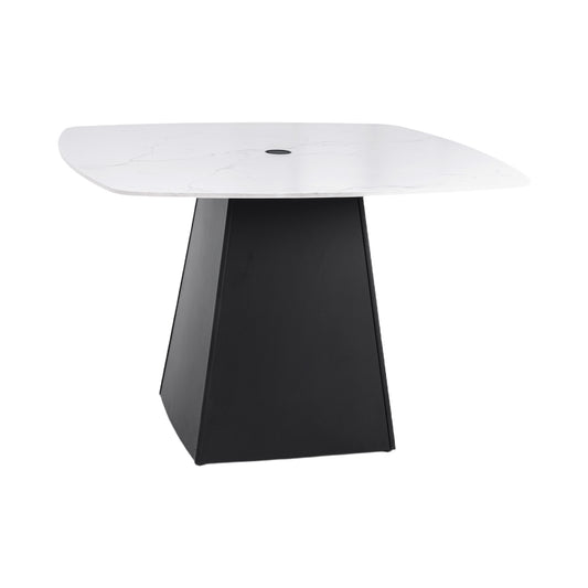 Outdoor Modern Patio Squircle 44'x44' Dining Table, White Marble-Inspired Sintered Stone Top, Flared Pyramid Aluminum Base with An Innovative Detachable Design, Ember Black Finish