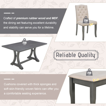 TREXM 6-Piece Farmhouse Dining Table Set, Rectangular Trestle Table and 4 Upholstered Chairs & Bench for Dining Room (Antique Gray)