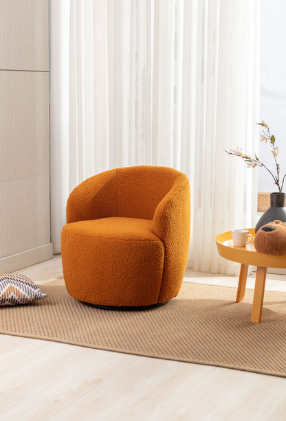 Sillón giratorio de tela Teddy con acento tipo barril y aro metálico con recubrimiento en polvo negro, color caramelo