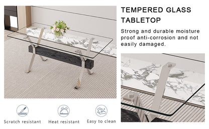 Table and chair set.Elegant Transparent Tempered Glass Dining Set - 71"x35.4" with 6 Black PU Chairs with a vertical stripe design on the backrest.