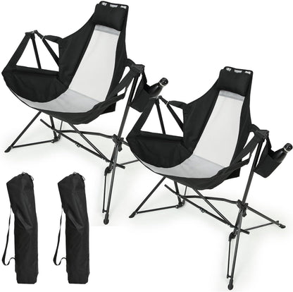 Hammock Camping Chair, Folding Portable Rocking Chair, Aluminum Alloy Adjustable Back Swinging Chair with Pillow Cup Holder, Recliner with Carry Bag for Outdoor Travel Lawn Backyard, Black  (2pcs)