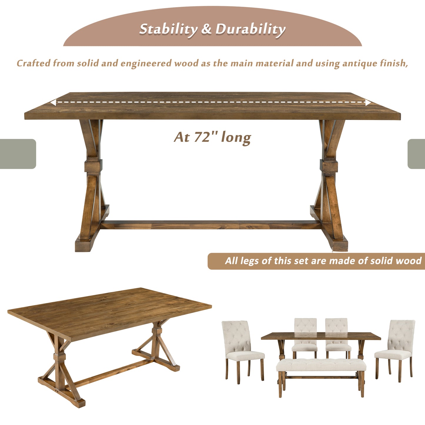 TREXM 6-Piece Farmhouse Dining Table Set 72" Wood Rectangular Table, 4 Upholstered Chairs with Bench (Walnut)