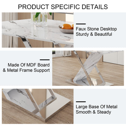 Table and chair set, modern dining table, imitation marble white top and silver legs, soft and comfortable dining chair, perfect for dinner, meetings, home and office decor