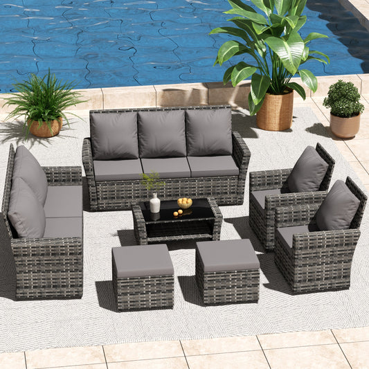 7 PCS PE/RATTAN OUTDOOR FURNITURE SET PATIO FURNITURE SET 9 SEATER