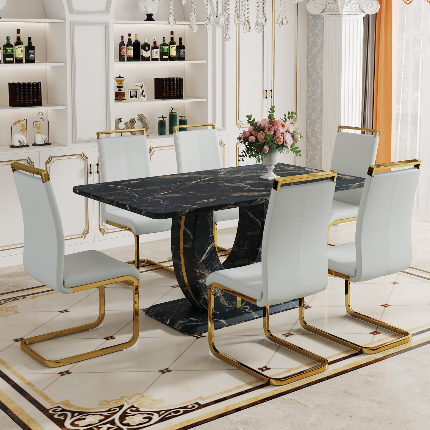 Table and chair set.Black Marble Pattern MDF Dining Table Set - 63"x37" with 6 Light Gray PU chairs with Featuring Arched Golden Metal legs.