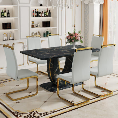 Table and chair set.Black Marble Pattern MDF Dining Table Set - 63"x37" with 6 Light Gray PU chairs with Featuring Arched Golden Metal legs.