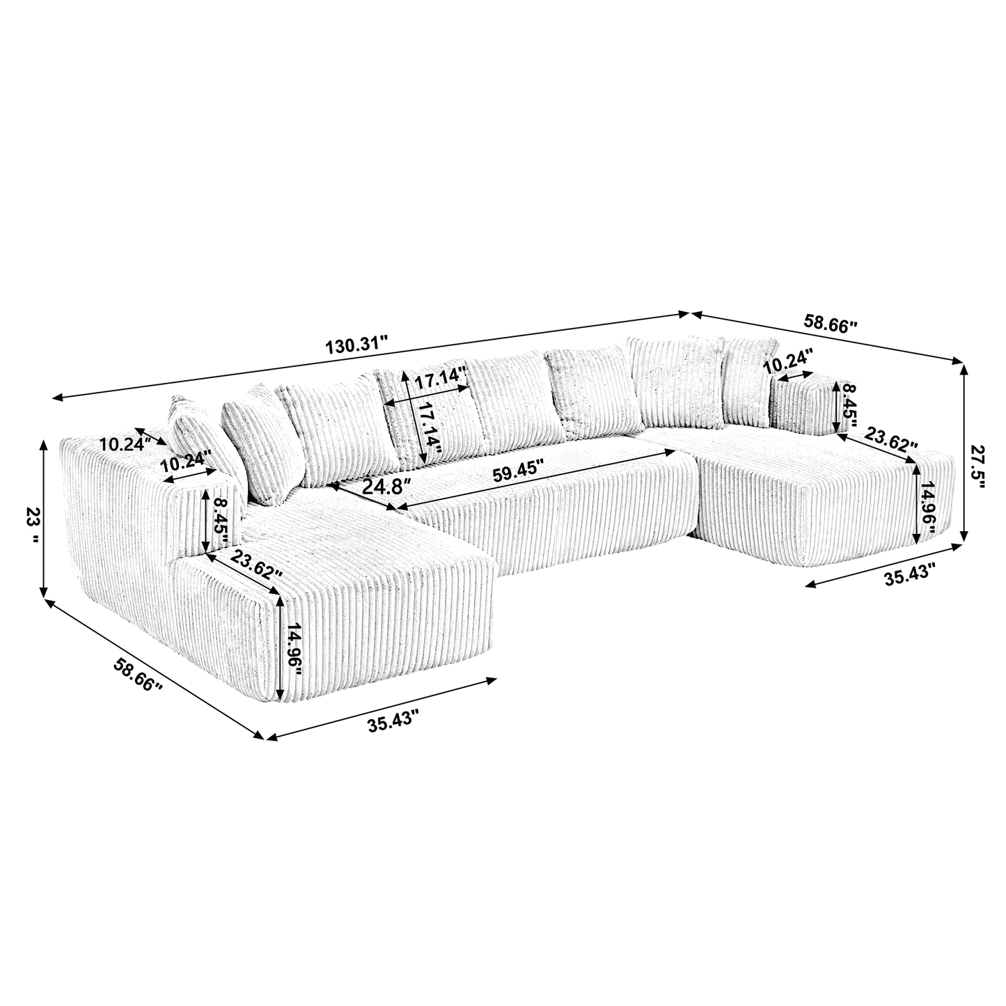 [NEW ARRIVED] [VIDEO PROVIDED]131'' Modular Sectional Couch, U-shaped sofa , Chaise Lounge, Striped fabric,Upholstered 4 Seater Couch for Living Room, Bedroom, Free Combination Sofa (Corduroy),White