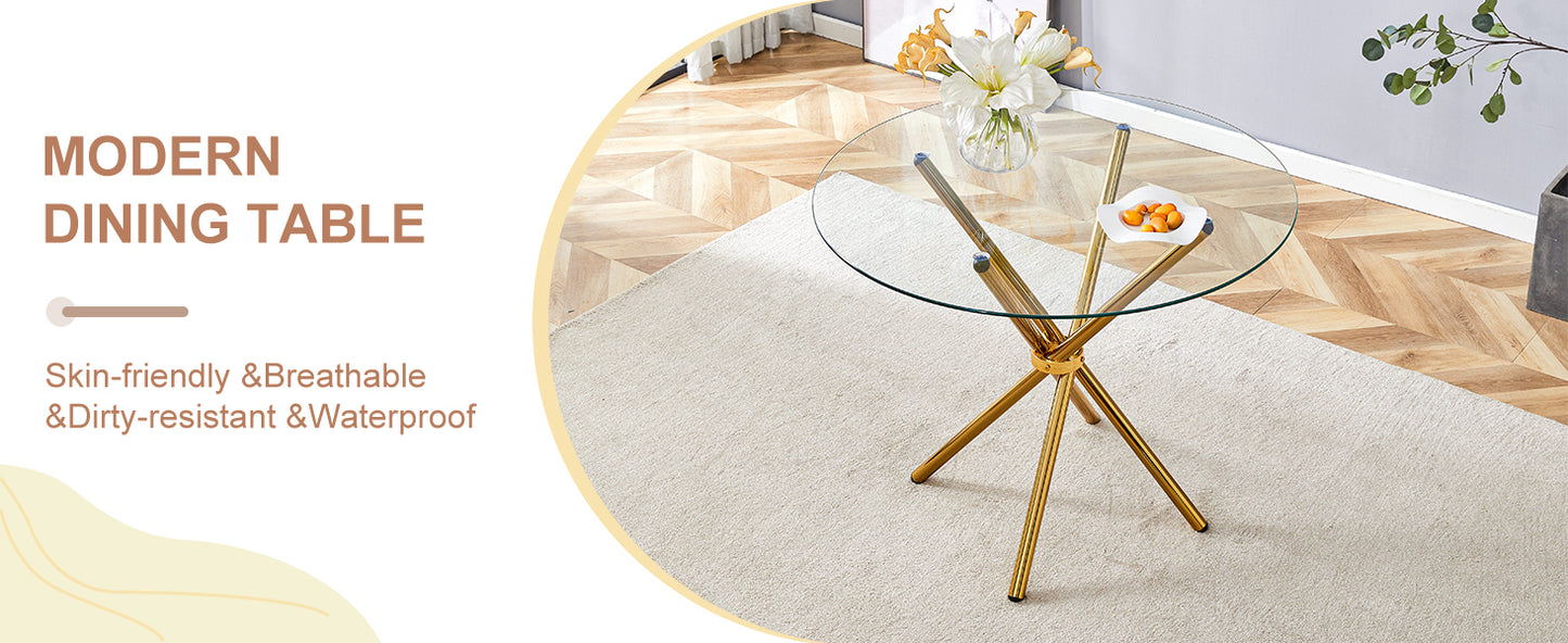 Round clear glass dining table with a unique shape for 4-6 people, with ring-shaped gathered gold metal legs, suitable for desks, kitchens, terraces, dining rooms.