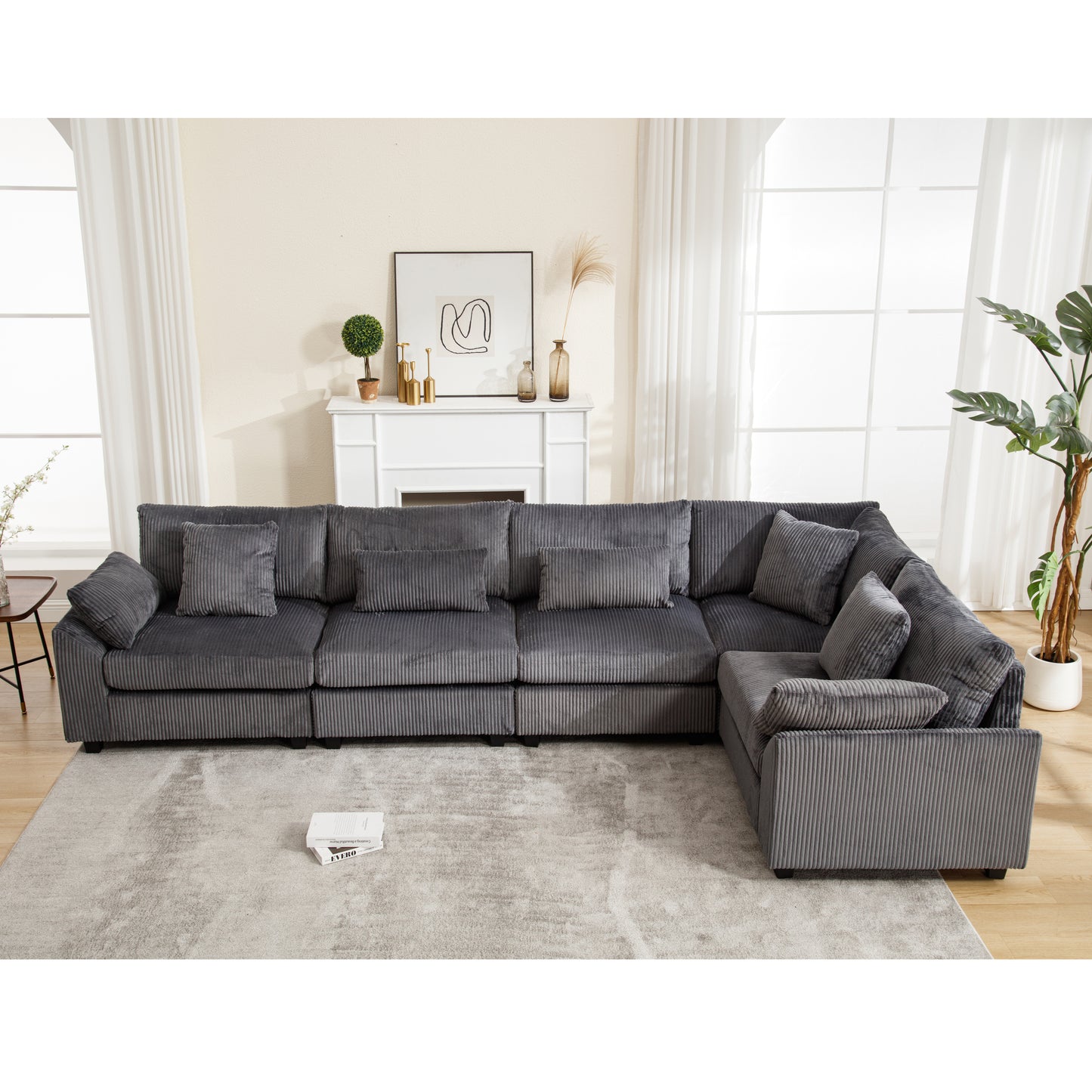 Oversized Modular Sectional Sofa Couches Set,Corduroy Upholstered Deep Seat Comfy Sofa for Living Room 5 Seat,Dark Gray