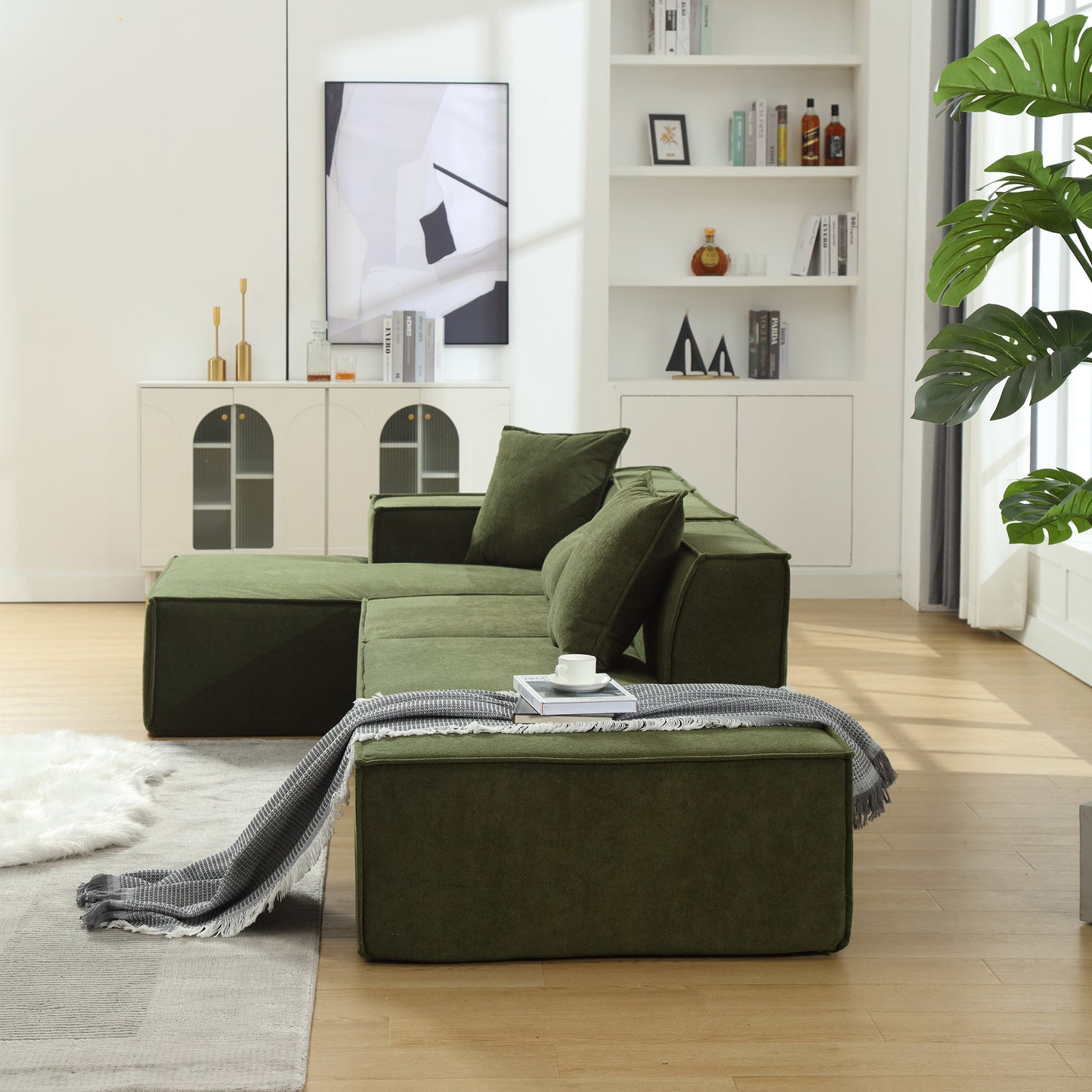 Modular combination  sofa set, modern minimalist sofa, free installation sofa, L-shaped, Italian minimalist tofu block sofa,  Right-Hand Facing,Terrycloth fabric, Green