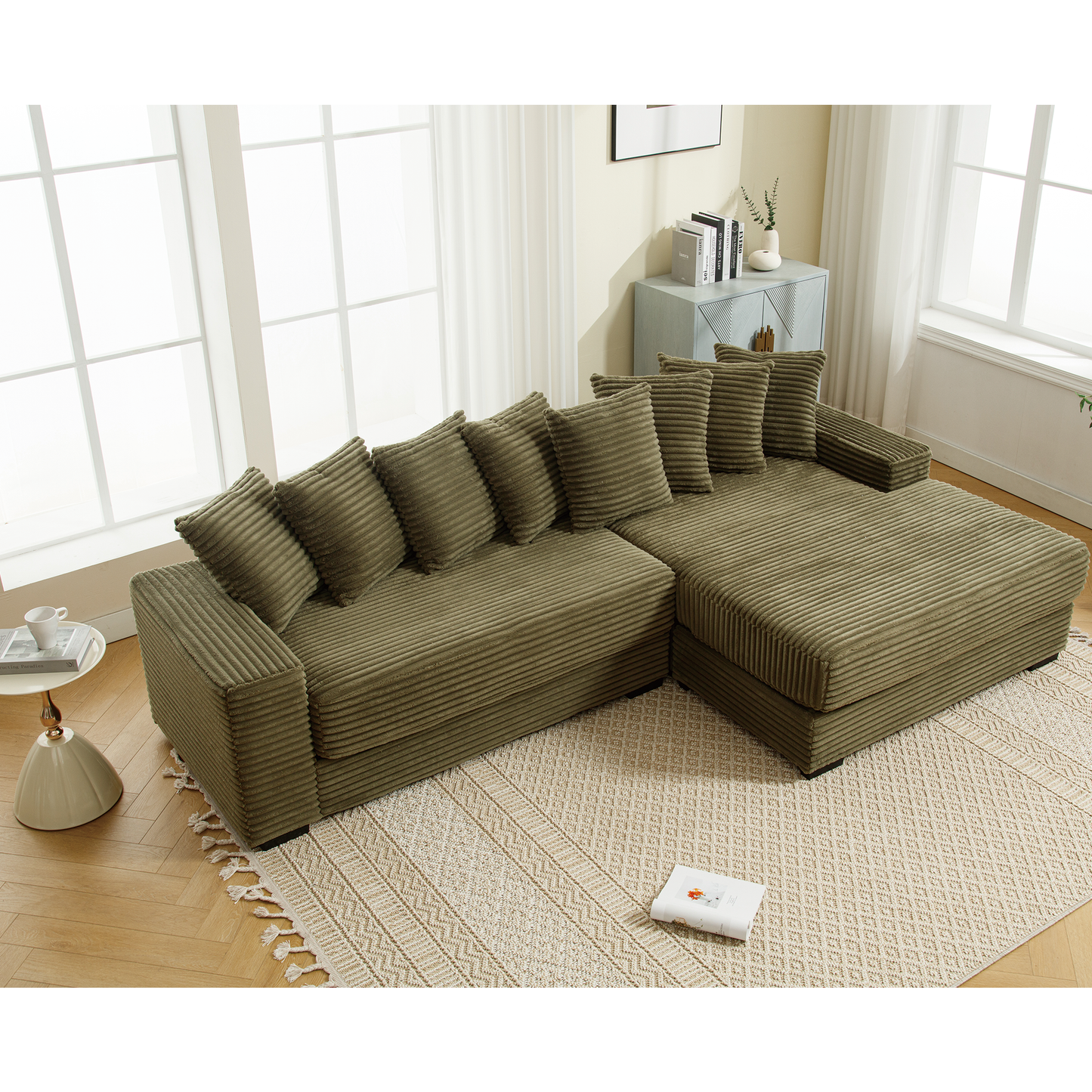 Oversized Two-Piece Couches, L Shaped Sofa, Corduroy, Right Chaise Daybed,with Armrests,Eight Throw Pillows,Corner Sofa,Easy To Assemble, Green