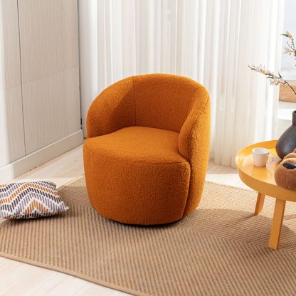 Sillón giratorio de tela Teddy con acento tipo barril y aro metálico con recubrimiento en polvo negro, color caramelo