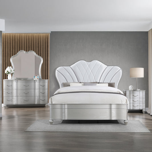 Eros 4-Pc Queen Bedroom Set with Tufted Upholstered Headboard – Silver Glam