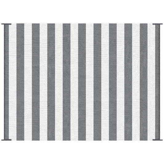 Outsunny Reversible Outdoor Rug, 9' x 12' Waterproof Plastic Straw Floor Mat, Portable RV Camping Carpet with Carry Bag, Large Floor Mat for Backyard, Deck, Picnic, Beach, Gray & White Striped