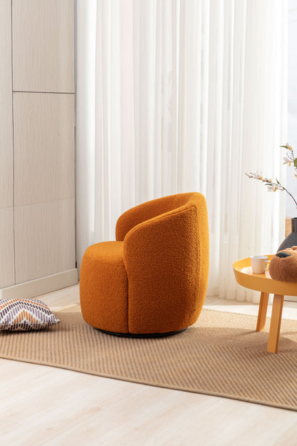 Sillón giratorio de tela Teddy con acento tipo barril y aro metálico con recubrimiento en polvo negro, color caramelo