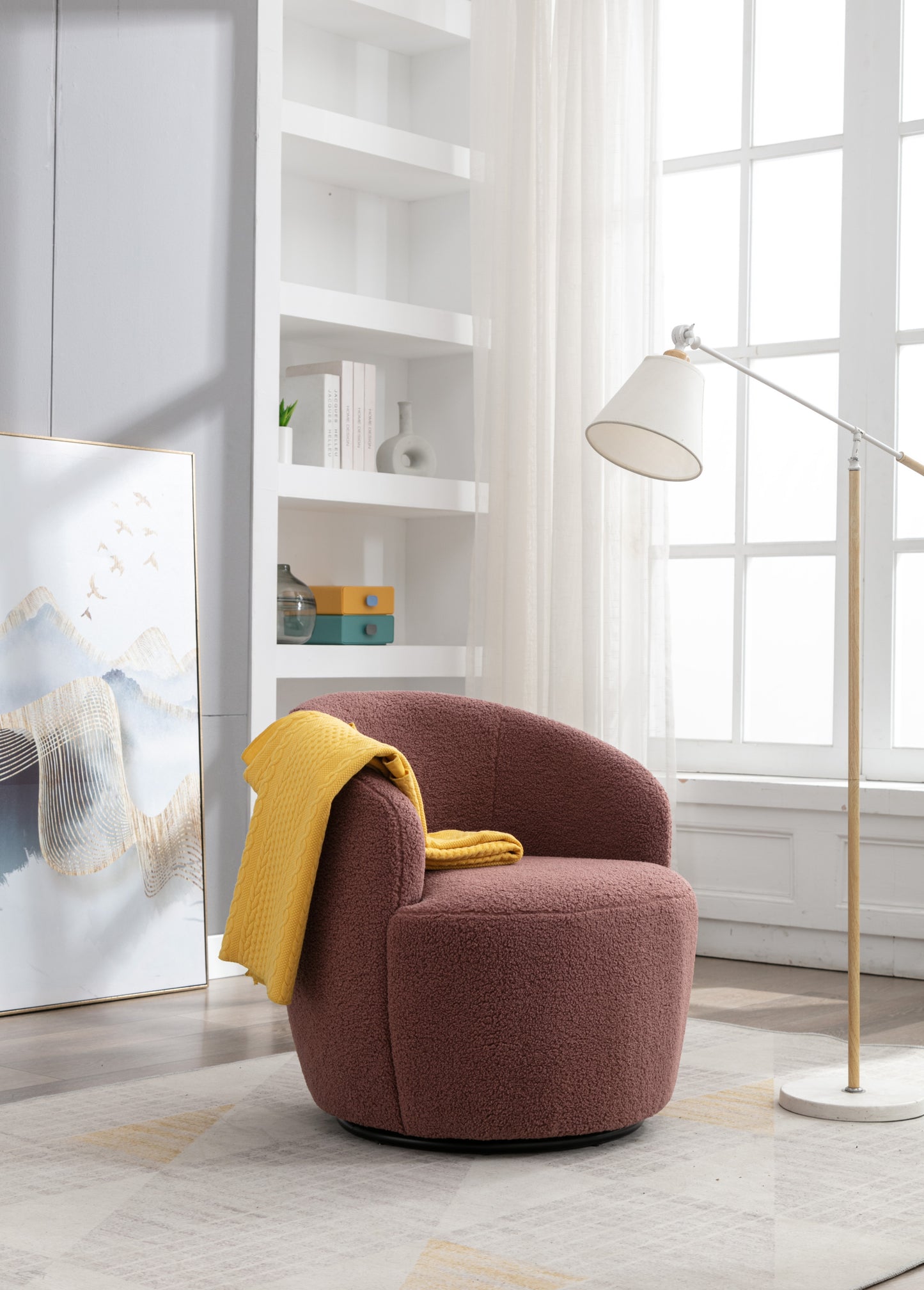 Teddy Fabric Swivel Accent Armchair Barrel Chair With Black Powder Coating Metal Ring,Dark Red