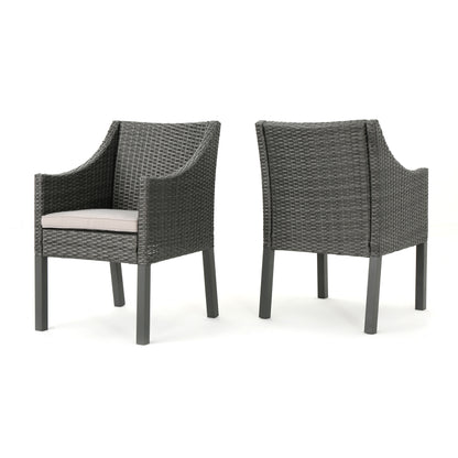 Outdoor Rattan Dining Chair with Straight Legs and Sloped Arms, Set of 2, Grey and Silver