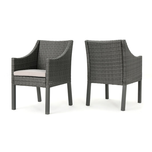 Outdoor Rattan Dining Chair with Straight Legs and Sloped Arms, Set of 2, Grey and Silver