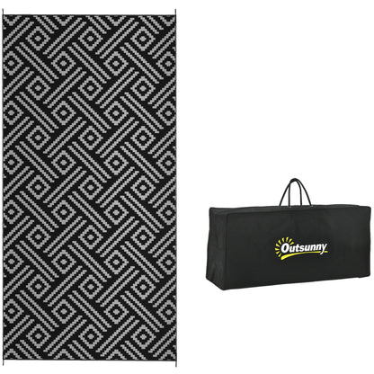 Outsunny Reversible Outdoor Rug, 9' x 18' Waterproof Plastic Straw Floor Mat, Portable RV Camping Carpet with Carry Bag, Large Floor Mat for Backyard, Deck, Picnic, Beach, Black & Gray Geometric
