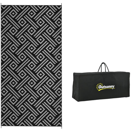 Outsunny Reversible Outdoor Rug, 9' x 18' Waterproof Plastic Straw Floor Mat, Portable RV Camping Carpet with Carry Bag, Large Floor Mat for Backyard, Deck, Picnic, Beach, Black & Gray Geometric