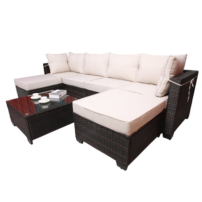 7pc Brown & Beige Patio Set – Outdoor Rattan Sectional w/ Glass Table